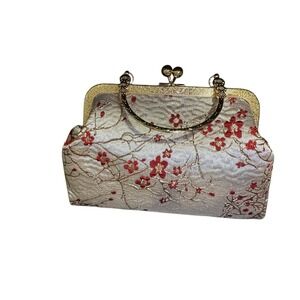 Embroidered Clutch Evening Bag Gold Frame Floral Red Cherry Blossom